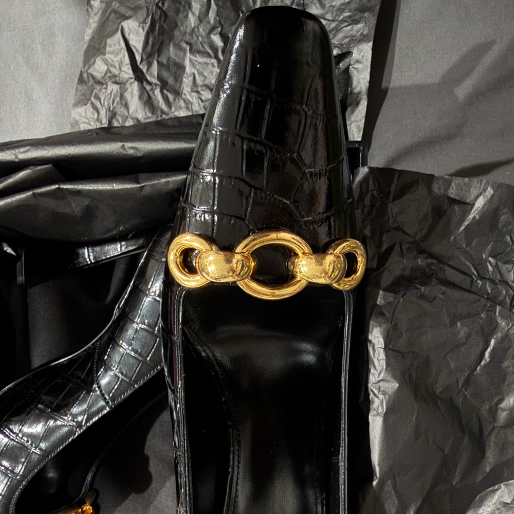 Saint Laurent Black Croc-Embossed Heels with Gold Accent - Picture 2 of 5